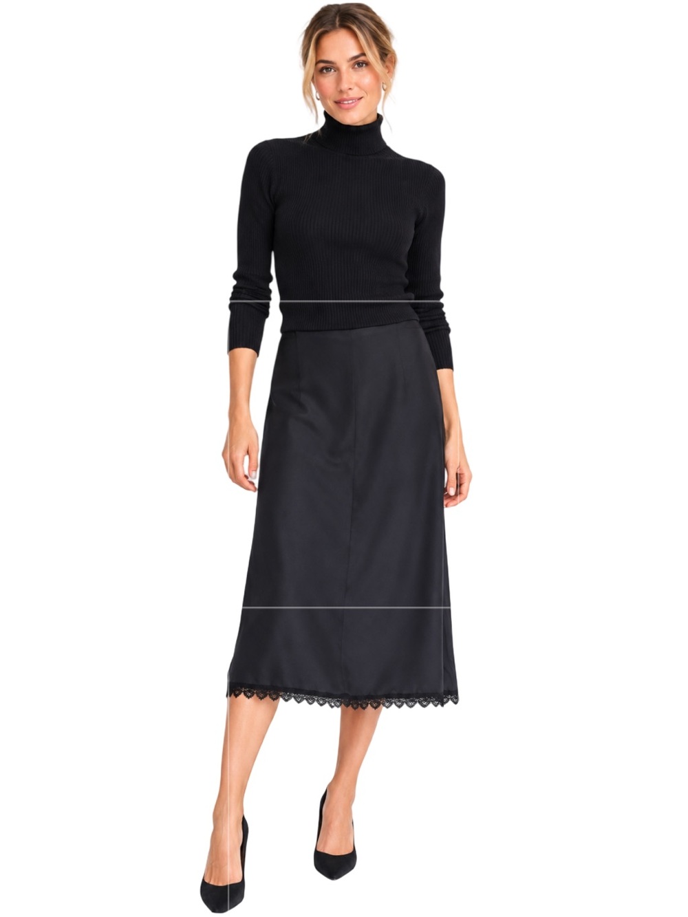 Black Satin Slip Skirt Midi Length Lace Hem Zip Closure Size Medium